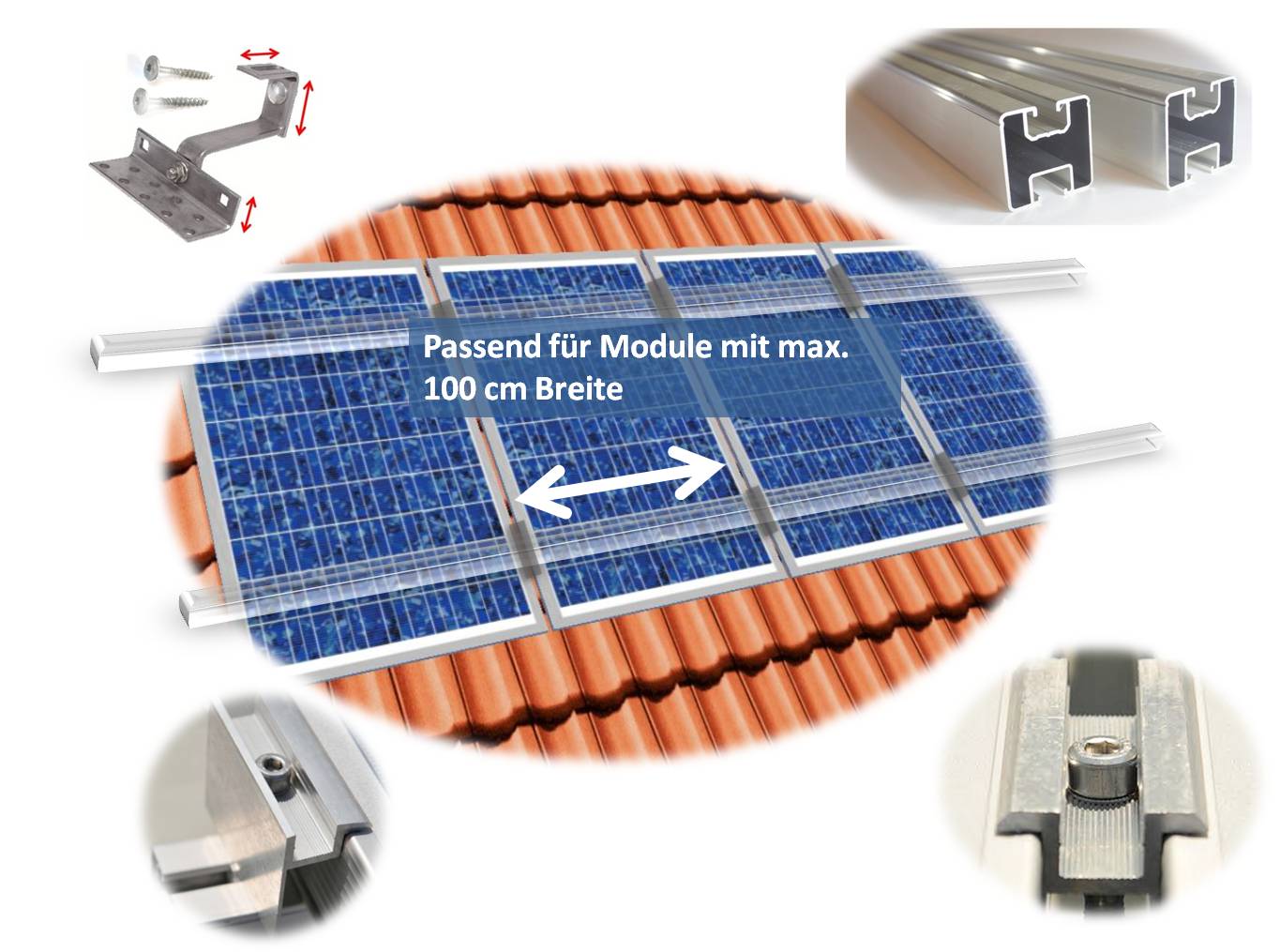 PV Befestigungskit 1 - 6 Module (ab 115cm Modulbreite) Dachhaken Aluprofil Solar