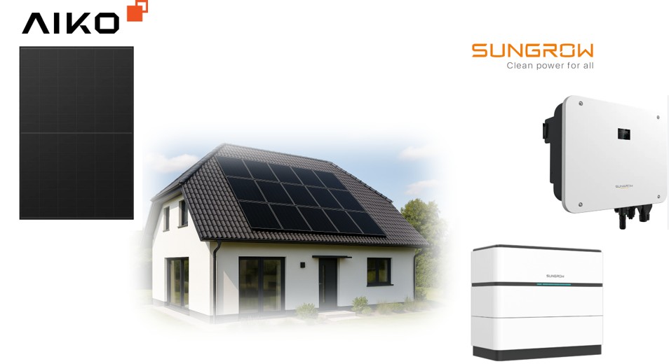 Premium 15kWp PV Anlage ALL Black Aiko Neostar 2S+ 465Wp Doppelglas Sungrow 15kW Wechselricher und SBH100 Batterie
