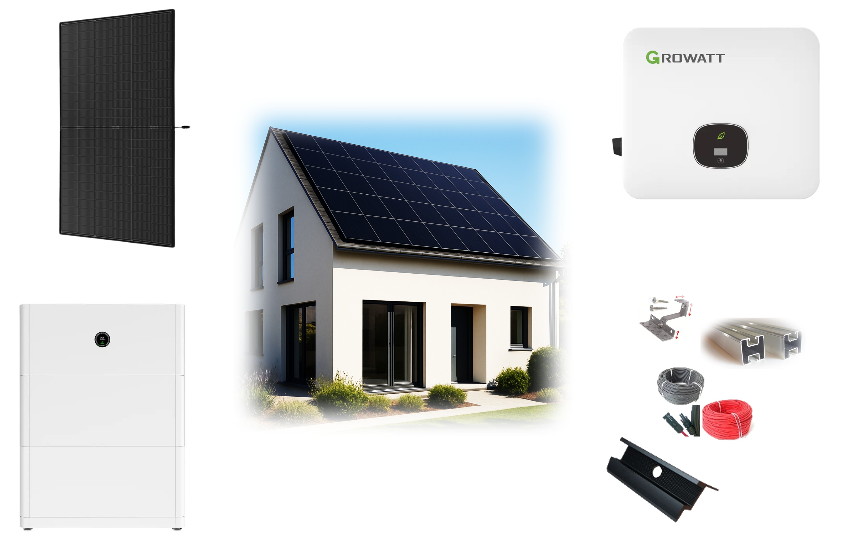 10KW PV Anlage für bis zu 3 Dachflächen: Growatt Hybrid 3 MPP - 23x Trina 440Wp Bifacial - Gestell