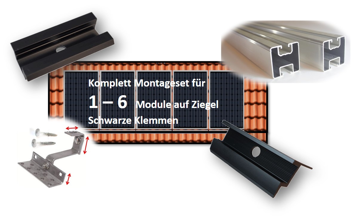 PV Befestigungskit 1 - 6 Module SCHWARZE Klemmen RH 30mm (max 115cm Modulbreite) Dachhaken Aluprofil Solar