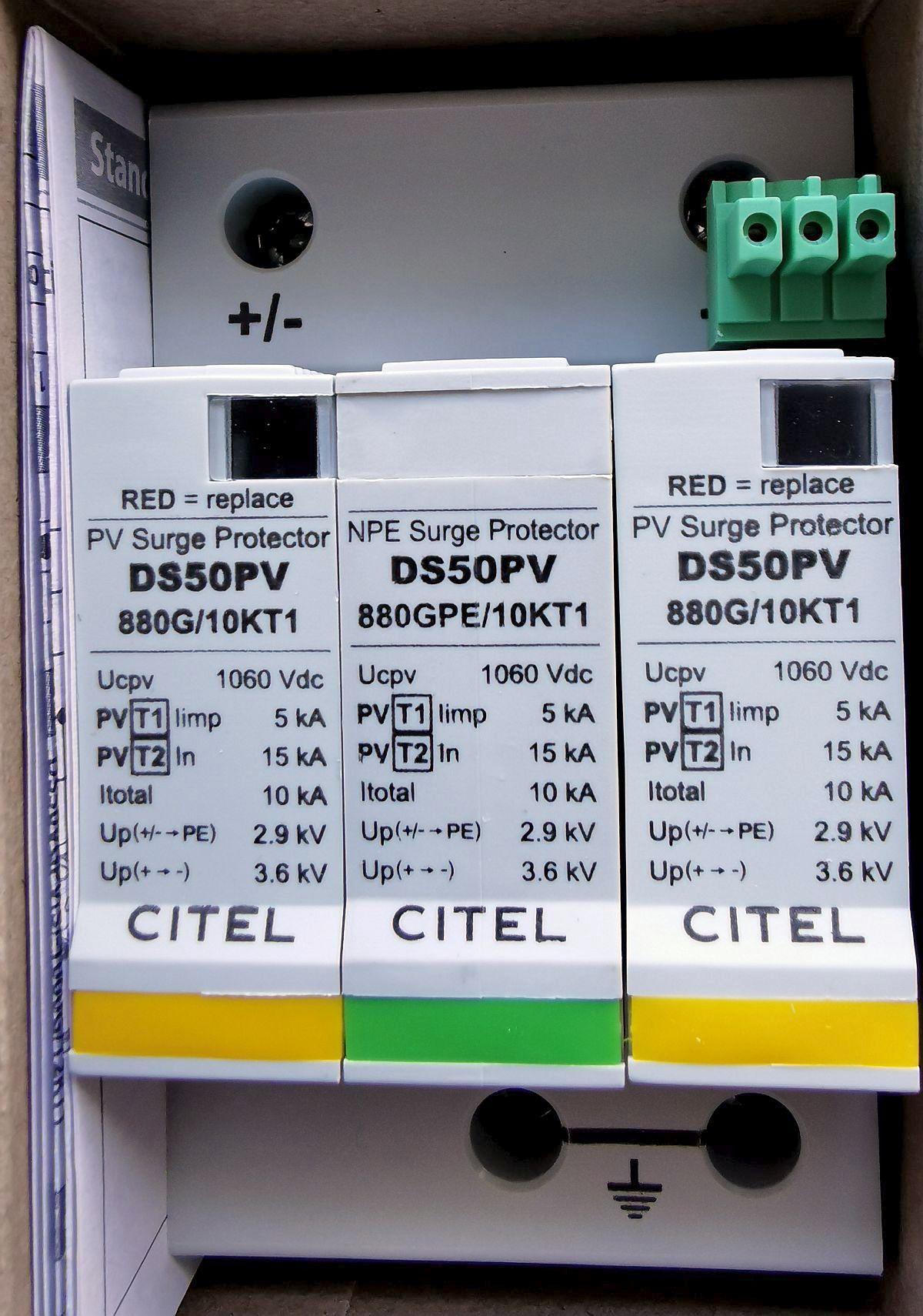 CITEL Überspannungsableiter Typ1&2. DS50PVS-880G/10KT1. Für Hutschienenmontage.