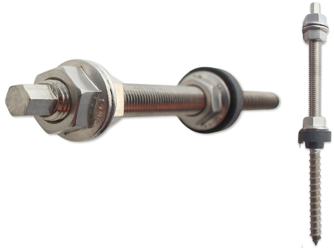 Stockschraube Solar M10x180mm. Edelstahl A2. Mit 3x Sperrzahnmuttern + EPDM.Solarbefestiger