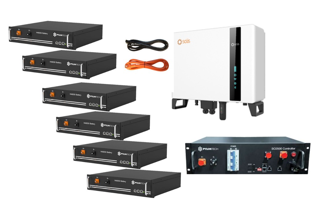 Nachrüstspeicher: 14,4 kWh LFP Hochvolt PylonTech Speicher Solis 10kW 3 Phasen Wechselricher, Sicherung & Kabel