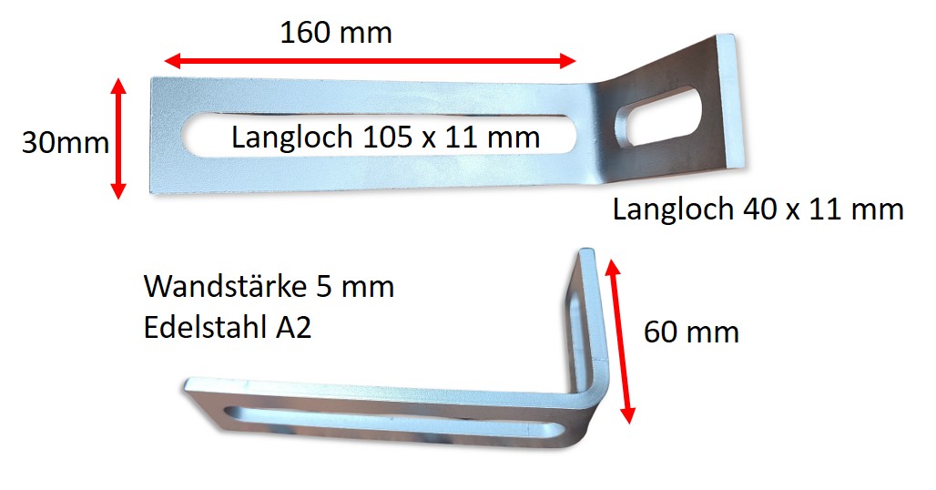 Winkel für Dachhaken in Sonderlänge 130x60mm Edelstahl A2 Sonderanwendung