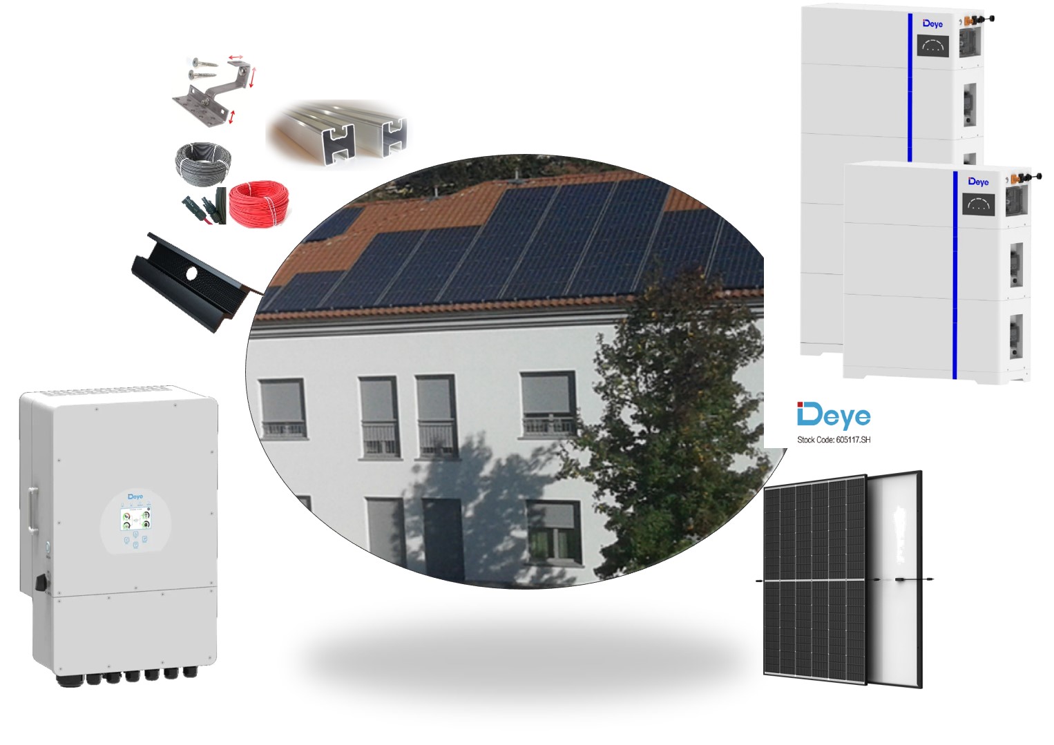 12kWp PV Anlage mit DEYE Hybrid Wechselrichter - Deye 10.2kWh LFP Speicher - Gestell -Kabel