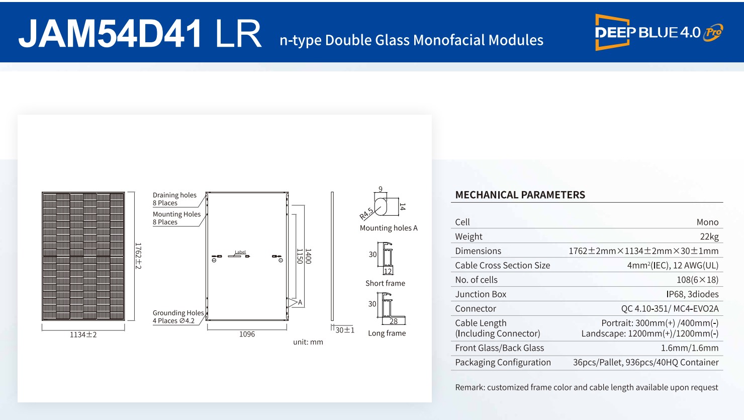 Photovoltaikmodul 460Wp FULL BLACK JA Solar Glas-Glas JAM54D41-460/LR  1762 x 1134 x 30 mm