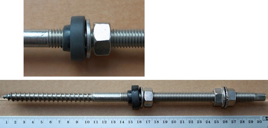 Edelstahl Stockschraube M12 x 300 mm. Vorkonfiguriert mit  3x Mutter und EPDM.