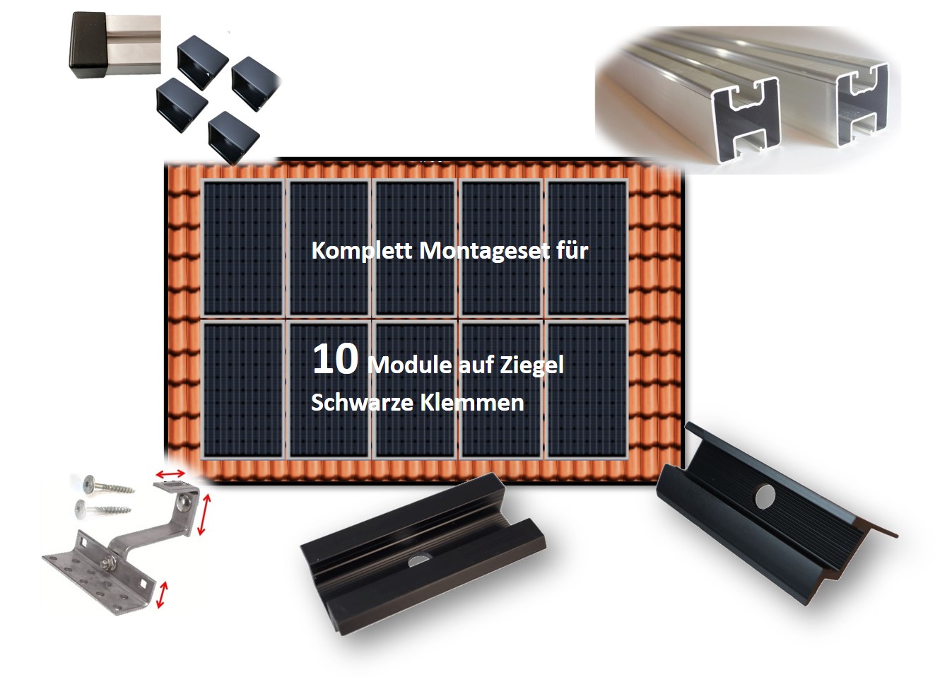 PV Montageset für 10 Module Komplett f. Ziegeldach Dachhaken Klemmen: Schwarz eloxiert