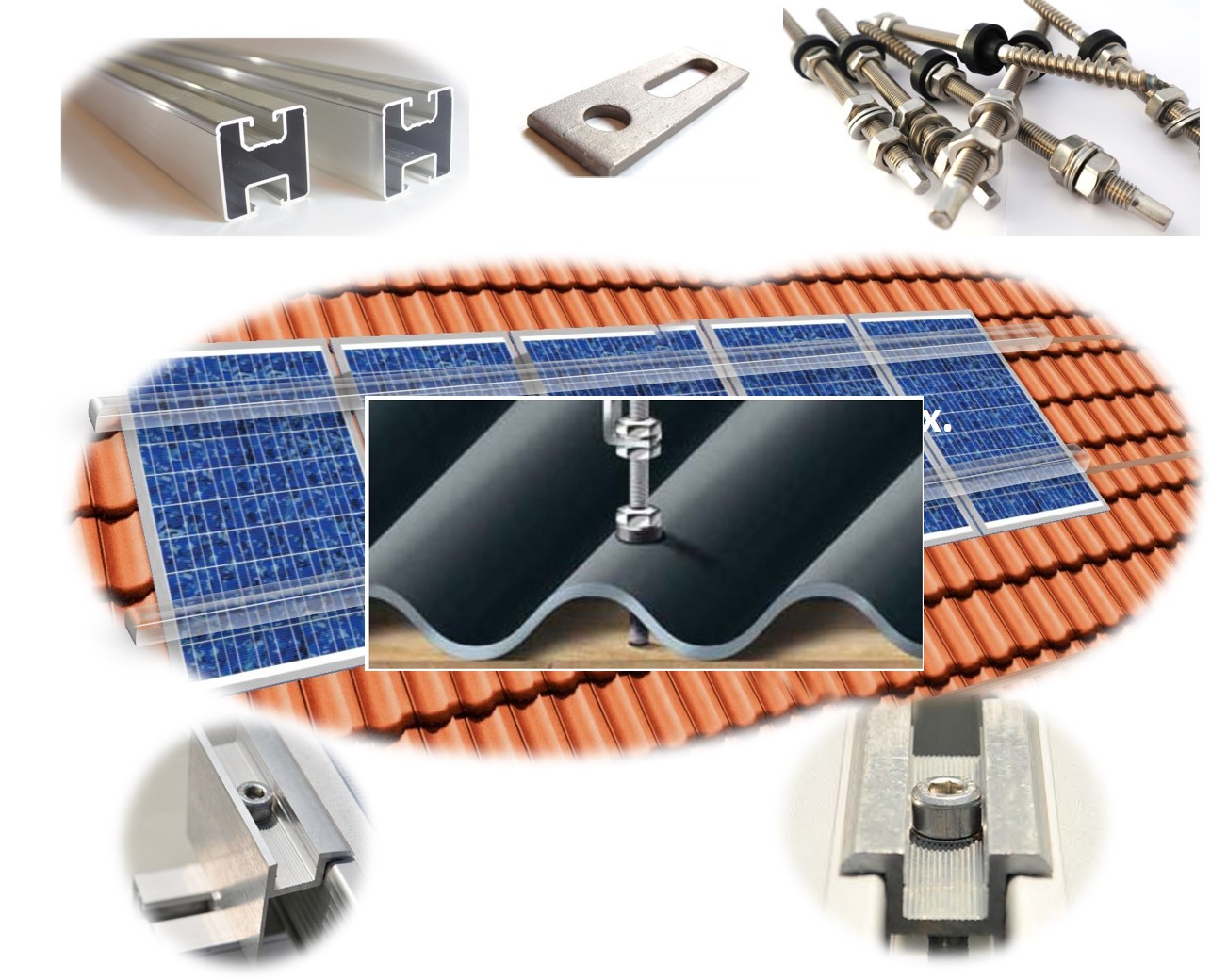 PV Befestigungskit 1 - 6 Module (120cm je Modul) Stockschraube Aluprofil Solar 30mm Rahmenhöhe