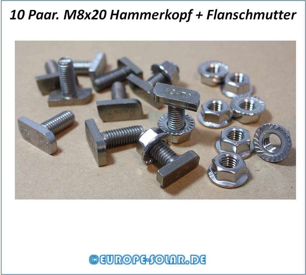 10x Hammerkopfschraube M8x20 Typ 28/15 + 10x Flanschmutter M8. Edelstahl Solar Aluprofil