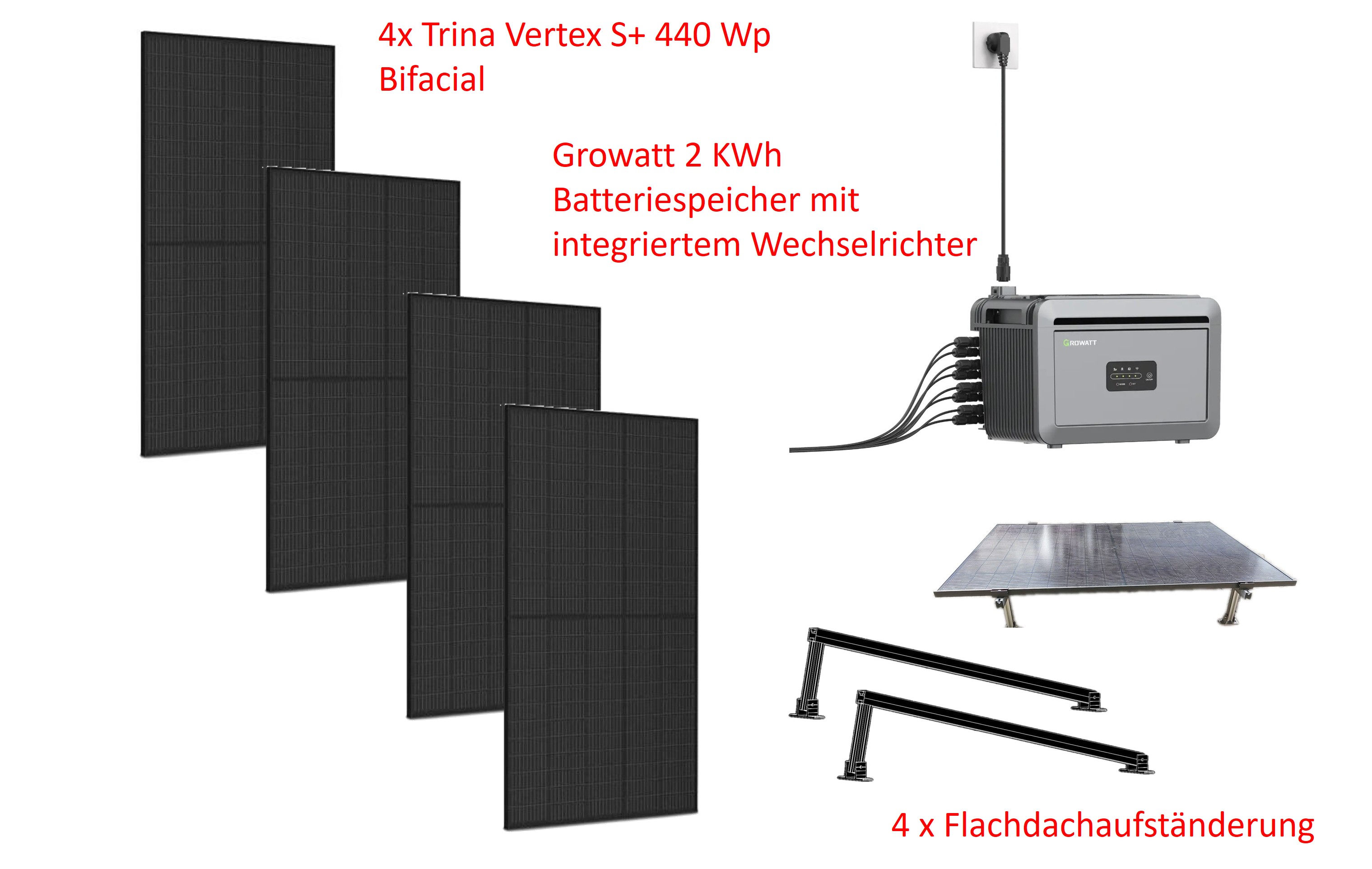 Mini Solaranlage 1,76kWp mit 2KWh Speicher und Flachdachgestell 4x Trina Bifacial Vertex S+ Growatt NEXA LFP Speicher Balkon Solar Steckdose