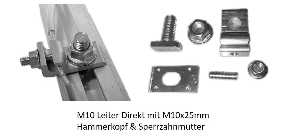 Erdungsklemme Alu / Edelstahl Potenzialausgleich Solar PV für Aluprofil M10 Leiter Direkt mit Hammerkopf