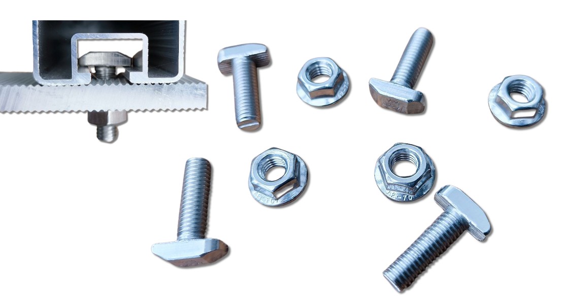 10x Hammerkopfschraube M8x25mm (Sonderform) + 10x M8 Sperrzahnmutter – passend für 10er Nut Solar Aluprofil