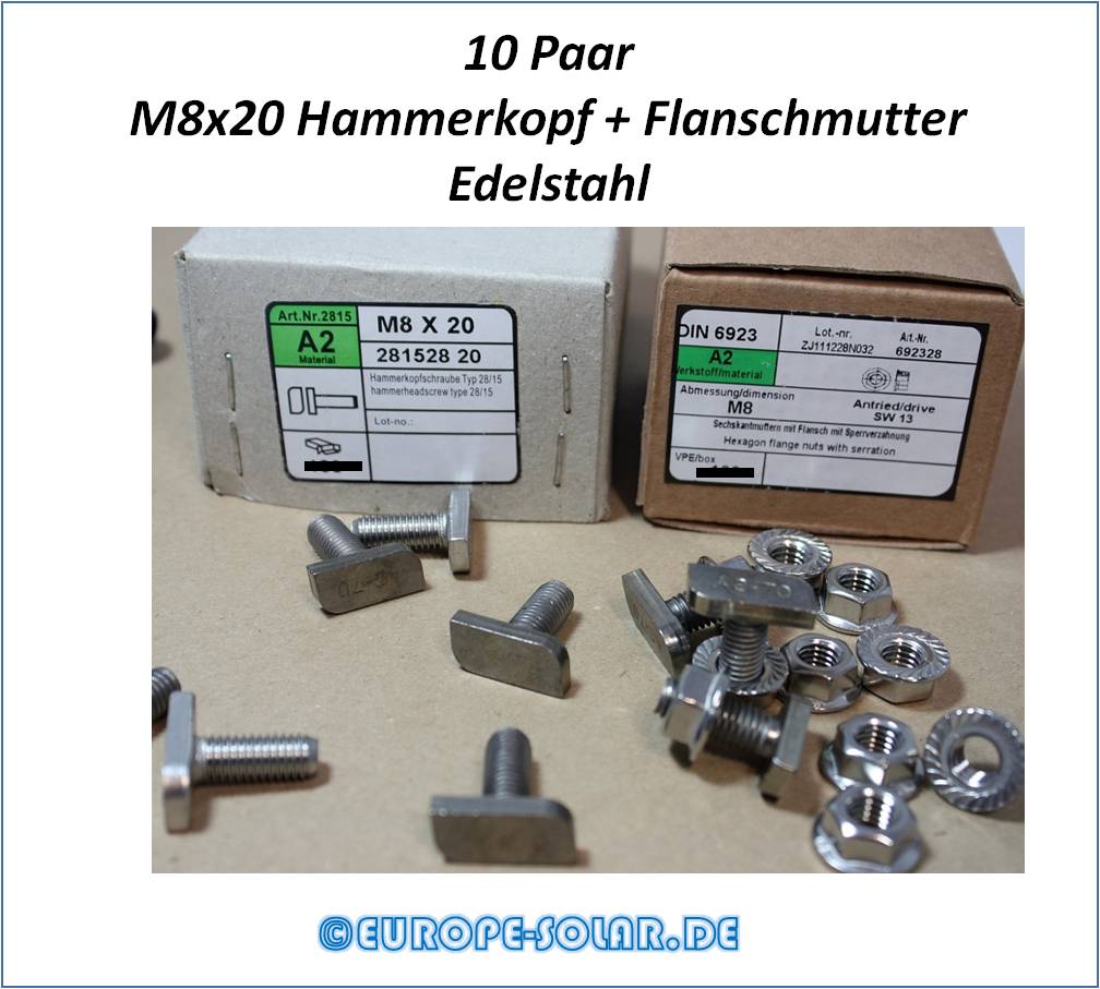 10x Hammerkopfschraube M8x20 Typ 28/15 + 10x Flanschmutter M8. Edelstahl Solar Aluprofil