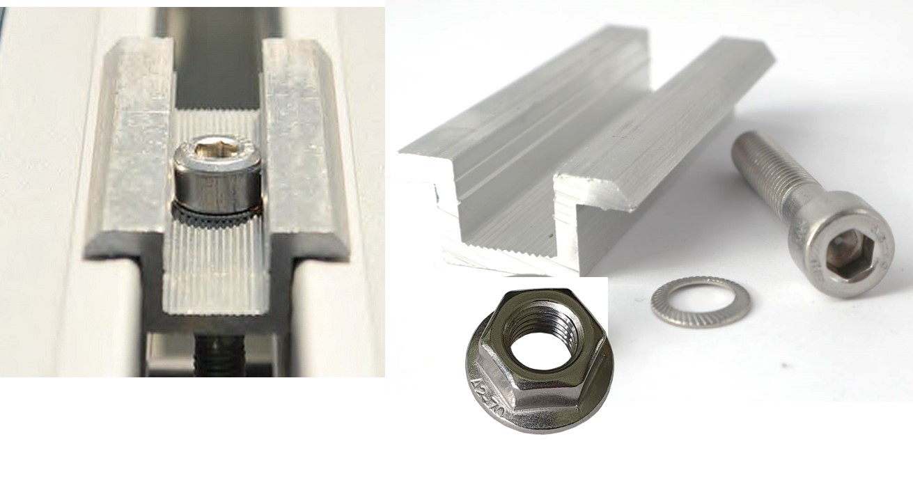 Solar Mittelklemme Set mit M8 Sperrzahnmutter + Schraube Rahmenhöhe 30mm SILBER pressblank