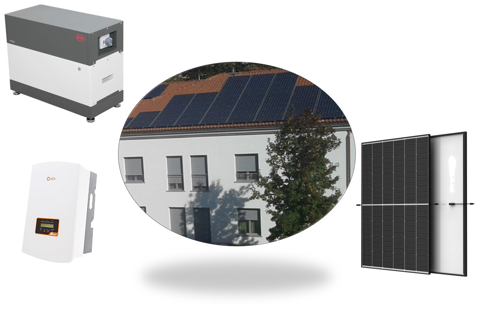 5kWp PV Anlage mit 4kWh BYD  Premium LVS Speicher - Solarmodule - Solis Hybrid Wechselrichter -Gestell - Kabel