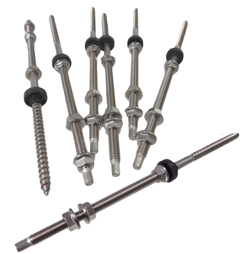 Solar Edelstahl Stockschraube M10x300 mm. Konfektioniert mit EPDM Dichtung + 3x M10 Sperrzahnmutter