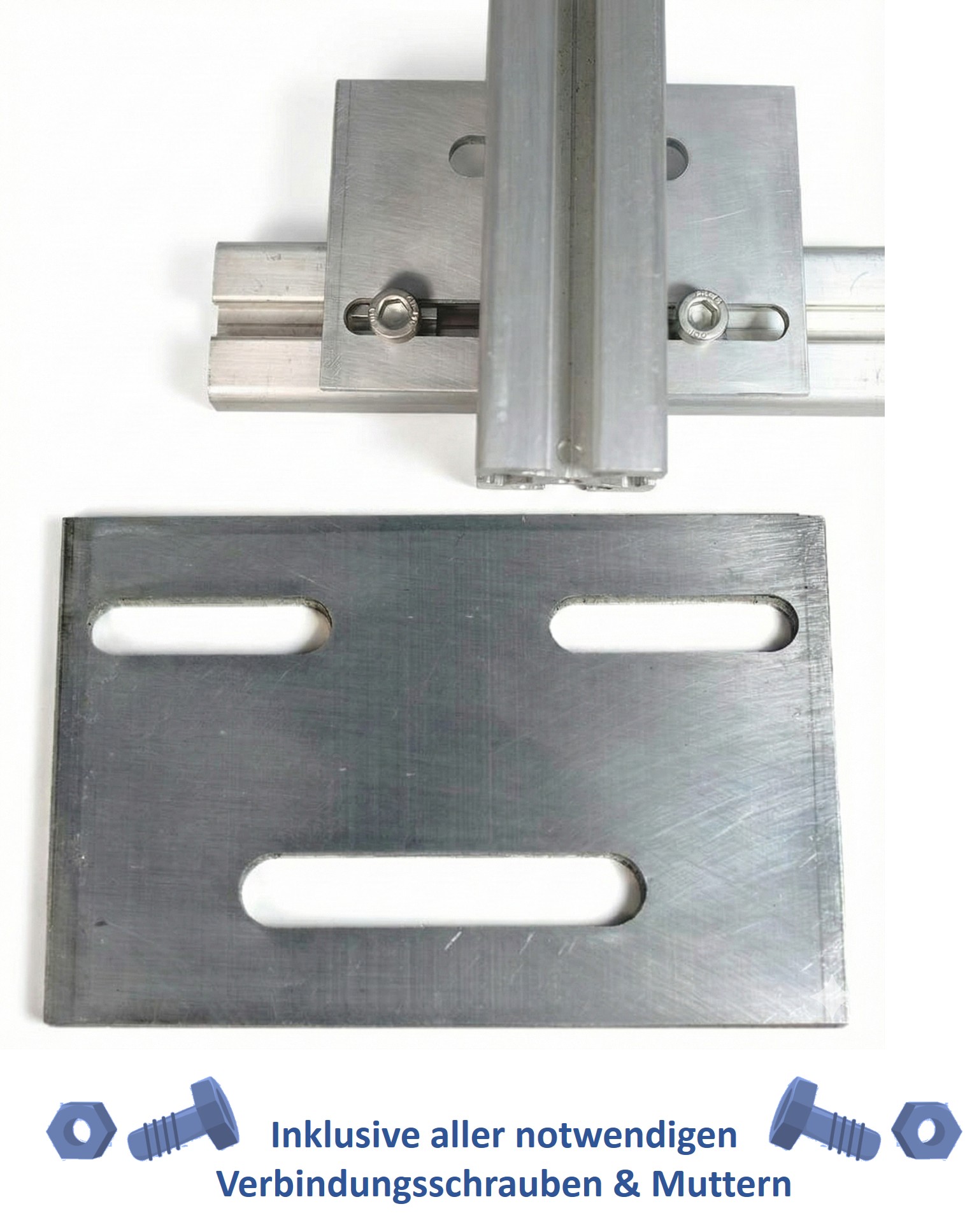 Kreuzverbandplatte / Kreuzverbinder inkl. Schrauben (je Platte: 2x M8/16mm + 2x U-Ring + 2x Nutenstein  & 1x M10 Schraube + Mutter) für Photovoltaik