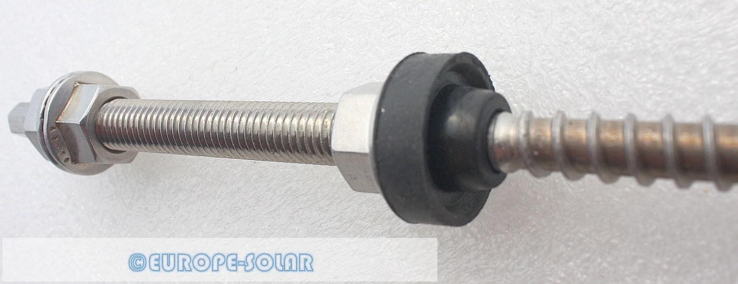 Stockschraube Solar M10x180mm. Edelstahl A2. Mit 3x Sperrzahnmuttern + EPDM.Solarbefestiger