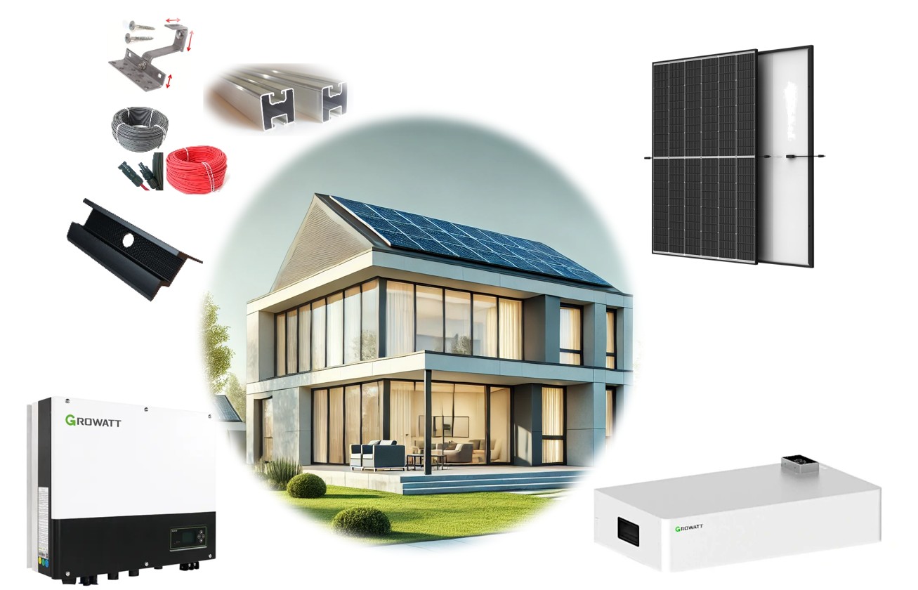 Photovoltaik-Komplettset 5 kW  mit Trina 455Wp, Gestell für Ziegeldach, Growatt SPH5000 BL-UP und Growatt AXE 5.0L