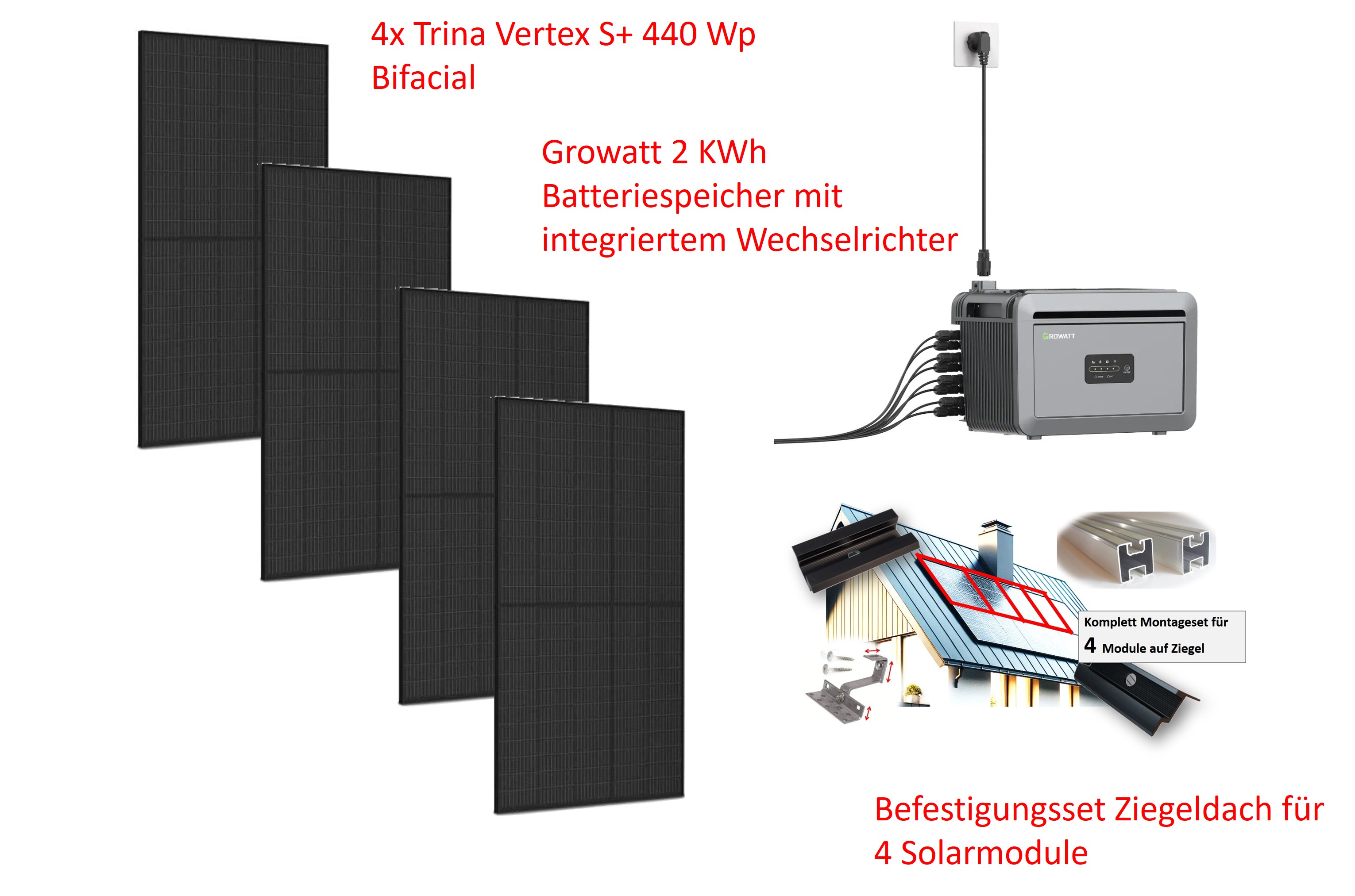 Mini Solaranlage 1,76kWp mit 2KWh Speicher und Gestell für Ziegeldachmontage 4x Trina Bifacial Vertex S+ Growatt NEXA LFP Speicher Balkon Solar Steckdose