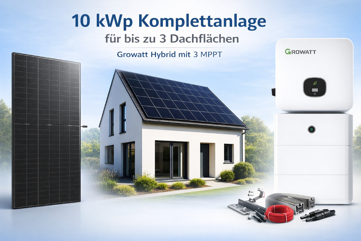 10KW PV Anlage für bis zu 3 Dachflächen: Growatt Hybrid 3 MPP - 23x Trina 440Wp Bifacial - Gestell