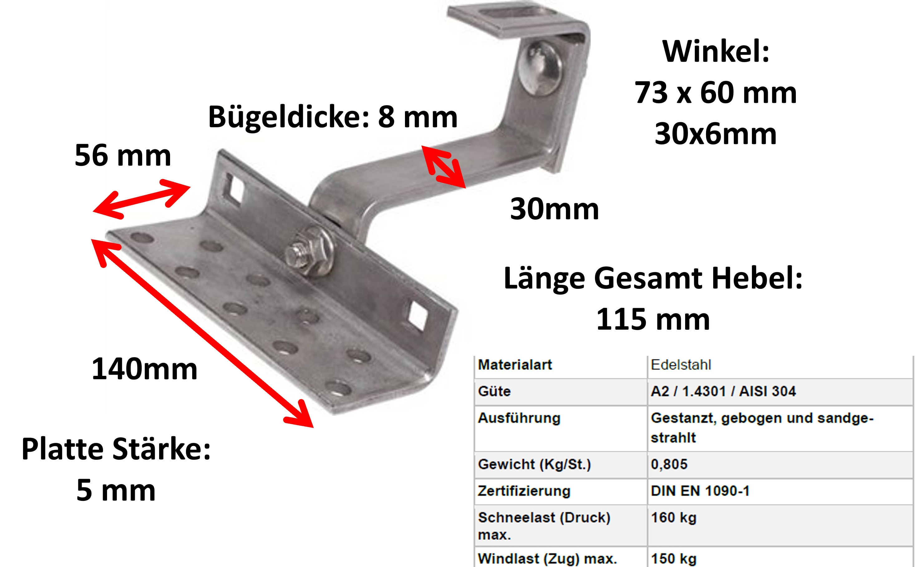 Vario Solar Schwerlast-Dachhaken A2 8mm Dicke 3x verstellbar aus 1.4016 A2 Edelstahl