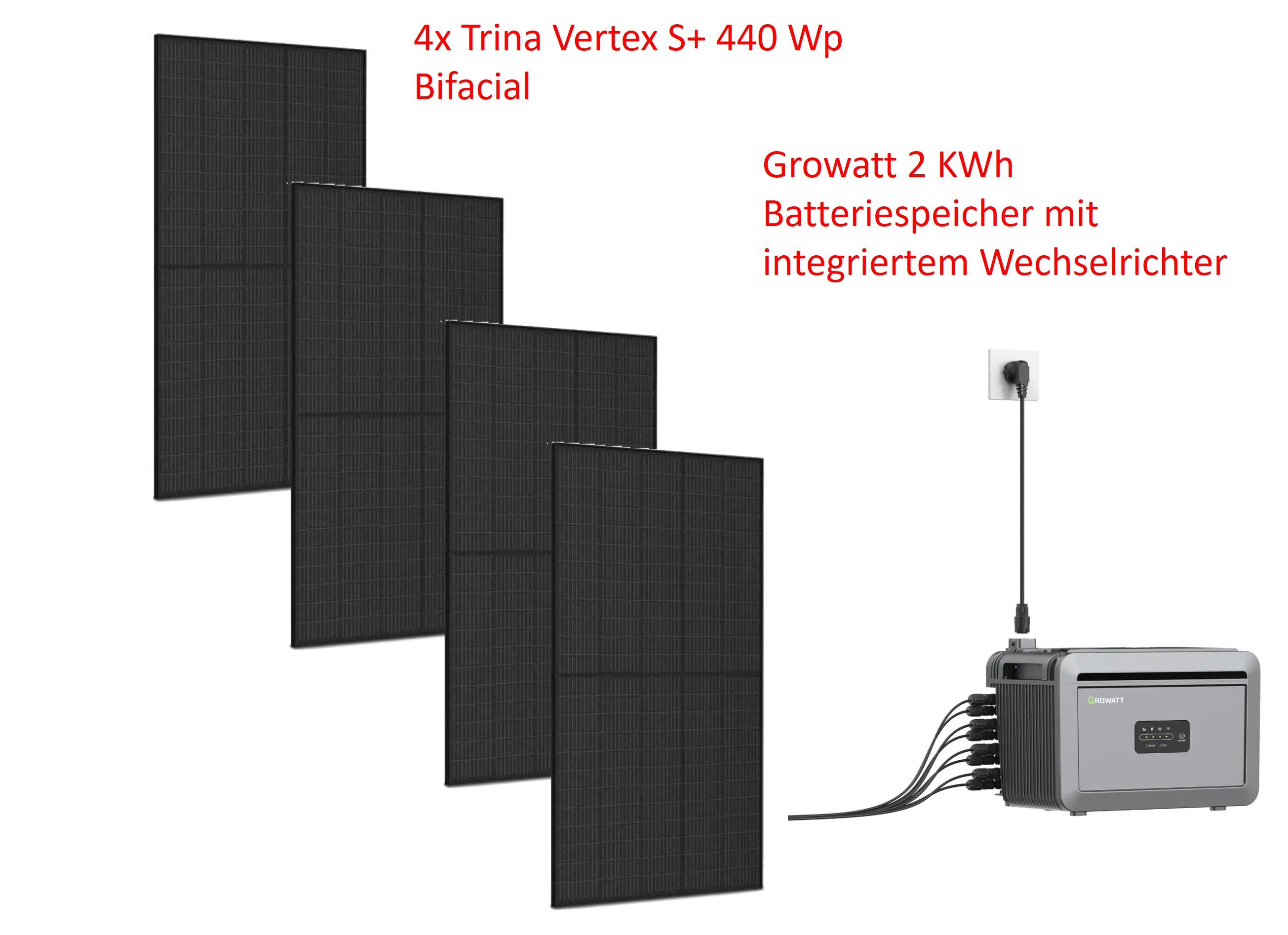 Mini Solaranlage 1,76kWp mit 2KWh Speicher 4x Trina Bifacial Vertex S+ Growatt NEXA LFP Speicher Balkon Solar Steckdose