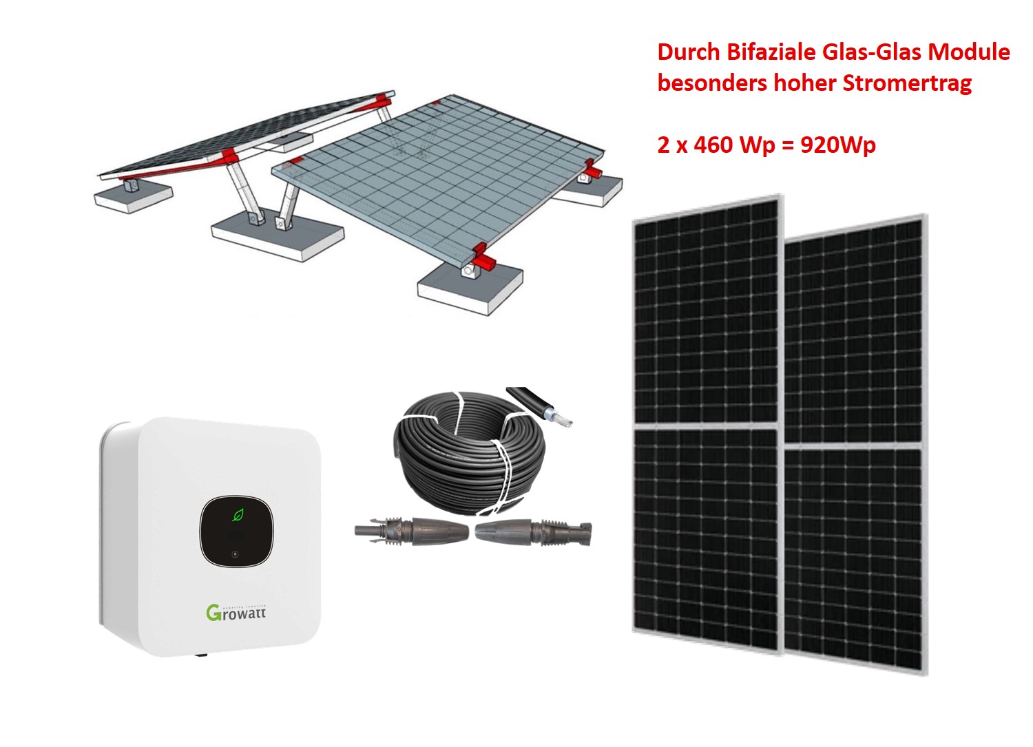 850Wp Balkonkraftwerk 2x Halbzellen BiFacial Glas-Glas Solarmodul +Growatt MIC 800W +Vario Aufständerung + Ertragsüberwachung